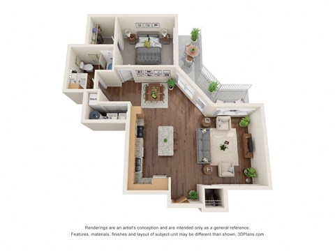 Floor plan for 1 bed, 1 bath, 799 sqft